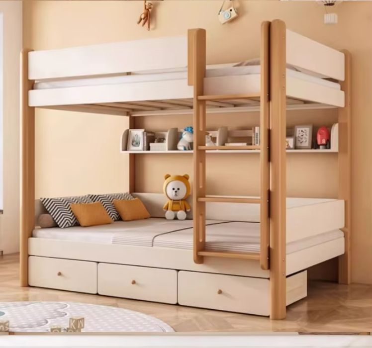 Modern Luxury Two-Layer Multifunctional Bunk Bed Full Solid Beech Wood for Children and Parents for Home and School