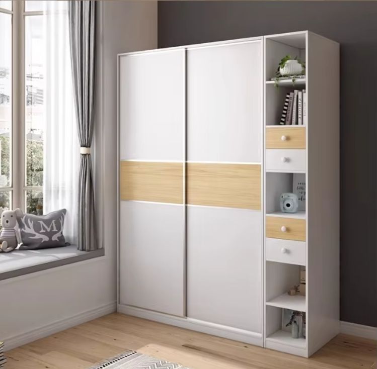 Modern Nordic-Style Two-Door Sliding Wardrobe Minimalist Wooden Color Bedroom Furniture Multifunctional Windbreaker Laundry Use