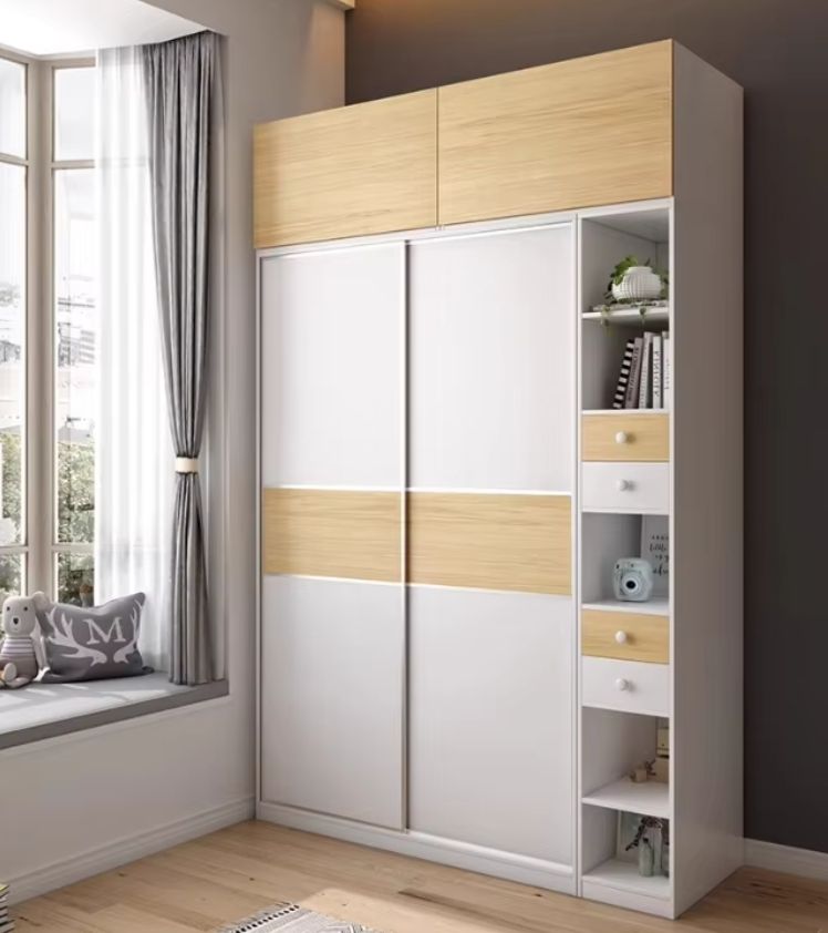 Modern Nordic-Style Two-Door Sliding Wardrobe Minimalist Wooden Color Bedroom Furniture Multifunctional Windbreaker Laundry Use