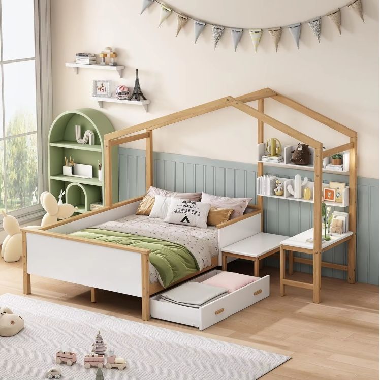 Montessori Full-Size House Bed with Desk Bookshelf & Storage Drawer for Kids White Natural Wood Bed Frames for Girls and Boys