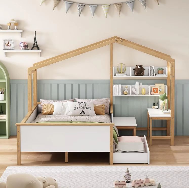 Montessori Full-Size House Bed with Desk Bookshelf & Storage Drawer for Kids White Natural Wood Bed Frames for Girls and Boys