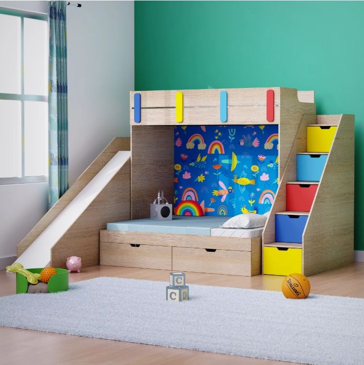 Interchangeable Stickers Luxury Customizable Twin Wooden Bunk Bed with Storage Cabinet Stairs for Kids Modern MDF Material