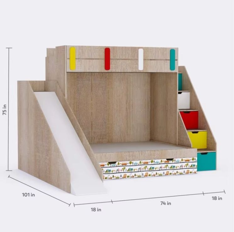 Interchangeable Stickers Luxury Customizable Twin Wooden Bunk Bed with Storage Cabinet Stairs for Kids Modern MDF Material