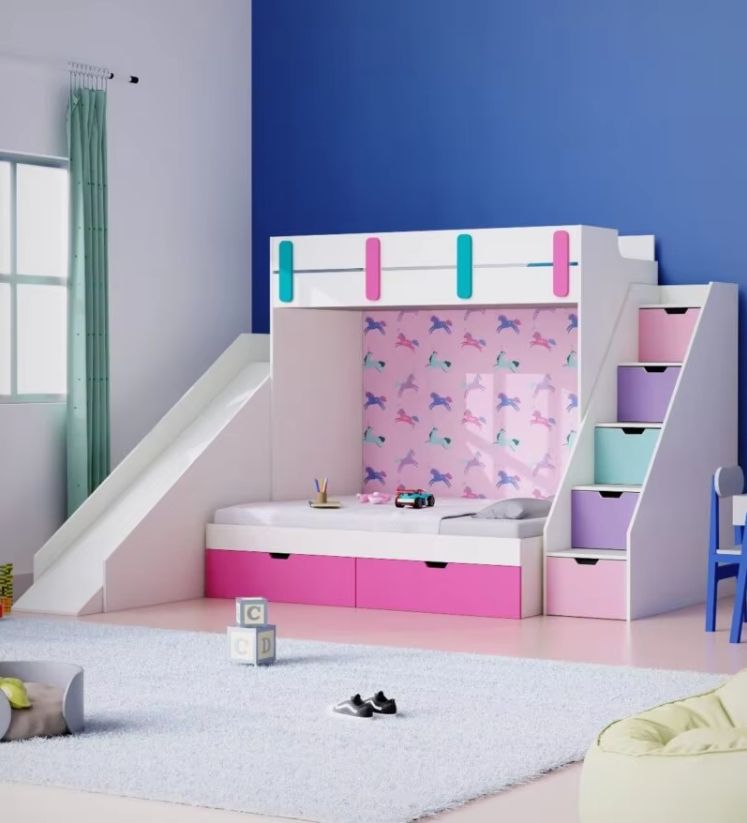 Interchangeable Stickers Luxury Customizable Twin Wooden Bunk Bed with Storage Cabinet Stairs for Kids Modern MDF Material