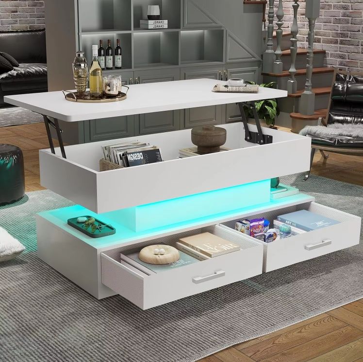 LED Light Lift Top Coffee Table with 2 Fabric Drawers for Home Use for Small Living Room Dining Reception or Office