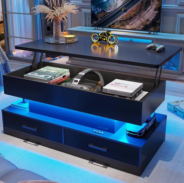 LED Light Lift Top Coffee Table with 2 Fabric Drawers for Home Use for Small Living Room Dining Reception or Office