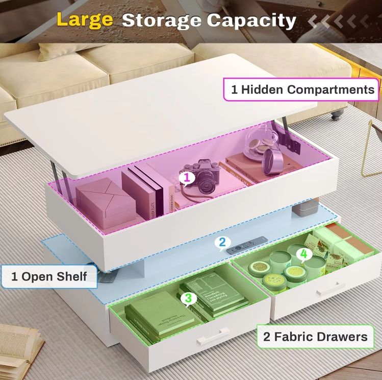 LED Light Lift Top Coffee Table with 2 Fabric Drawers for Home Use for Small Living Room Dining Reception or Office