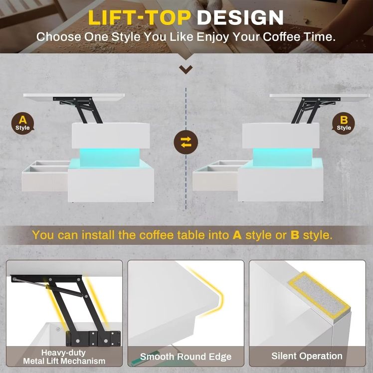 LED Light Lift Top Coffee Table with 2 Fabric Drawers for Home Use for Small Living Room Dining Reception or Office