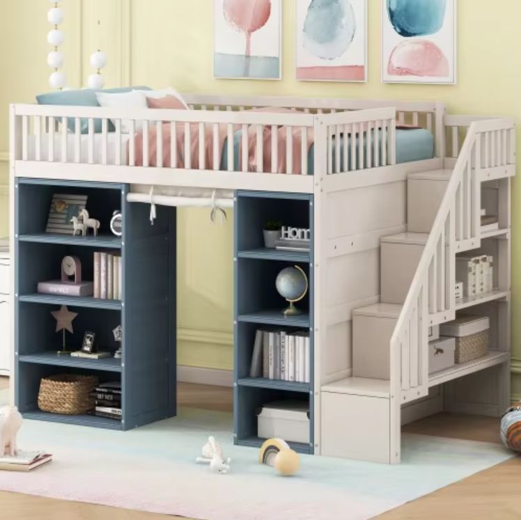 Modern Full-Size Loft Bed for Kids 2 Solid Wood Four-Layer Storage Cabinets and a Hanging Curtain Included