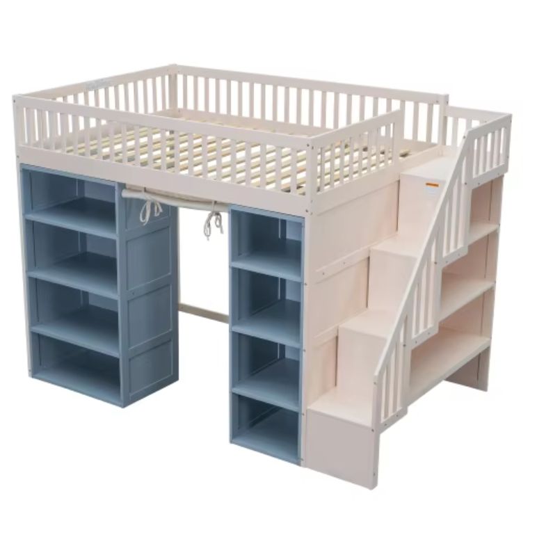 Modern Full-Size Loft Bed for Kids 2 Solid Wood Four-Layer Storage Cabinets and a Hanging Curtain Included