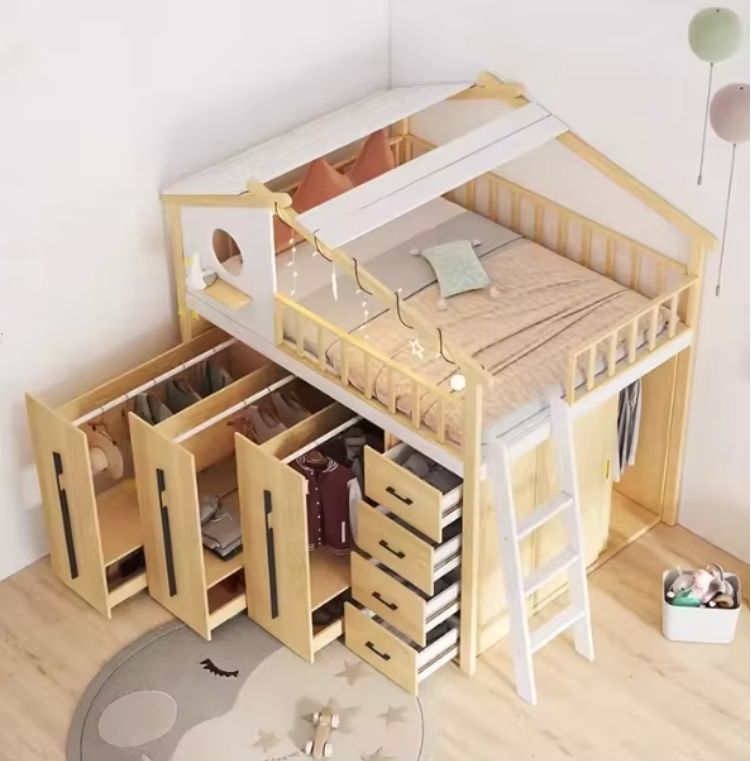 Customized Children's Solid Wood Treehouse Bed with Thick Bottom Cabinet Small-Sized Wooden House Wardrobe Bed