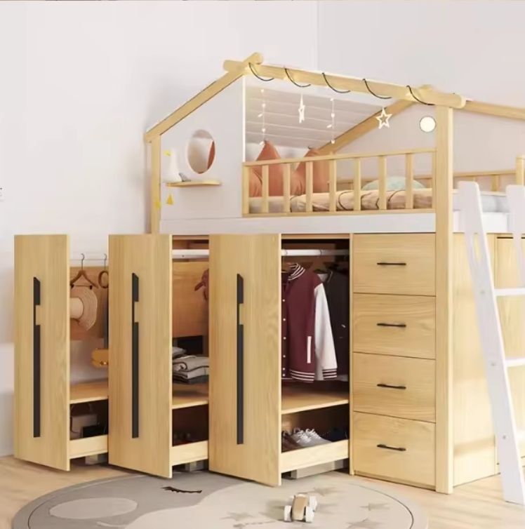 Customized Children's Solid Wood Treehouse Bed with Thick Bottom Cabinet Small-Sized Wooden House Wardrobe Bed