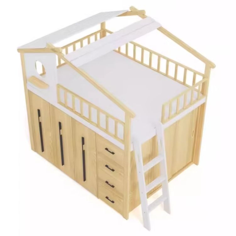 Customized Children's Solid Wood Treehouse Bed with Thick Bottom Cabinet Small-Sized Wooden House Wardrobe Bed
