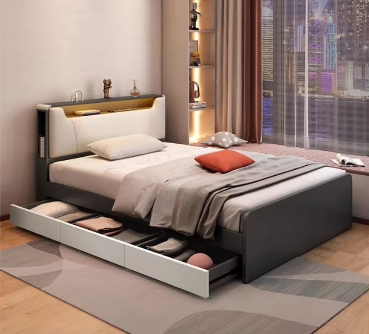 Modern Minimalist 1M Children's Single Bed with High Box Storage 1.5M Tatami Storage Board Bed Wood Panel Style