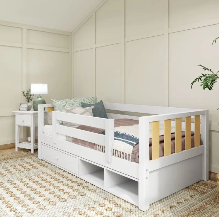 Montessori Full-Size Natural Wood Bed for Boys & Girls Solid Wood & MDF White with Storage Drawer for Modern Bedroom
