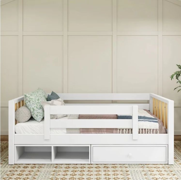 Montessori Full-Size Natural Wood Bed for Boys & Girls Solid Wood & MDF White with Storage Drawer for Modern Bedroom