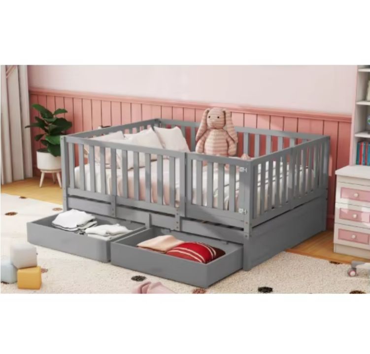 Good Quality Solid Wood Queen Size Children Bed Comes With A Detachable Fence And Two Drawers Montessori Floor Bed