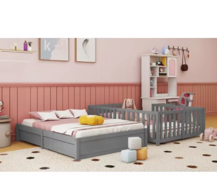 Good Quality Solid Wood Queen Size Children Bed Comes With A Detachable Fence And Two Drawers Montessori Floor Bed