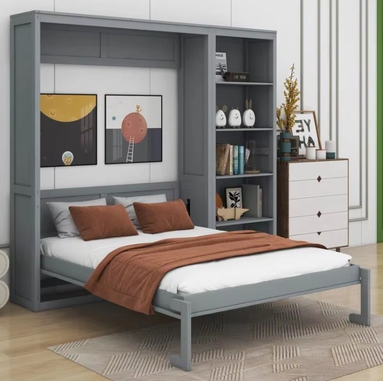 Elegant Solid Oak Queen-Size Murphy Bed with Wall-mounted Shelves Elegant Wood Panel Style