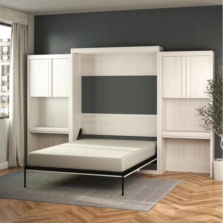 Modern Murphy Bed with 2 Vanity/Desk Storage Cabinets and Drawers Convenient Wall-Mounted Furniture Solution