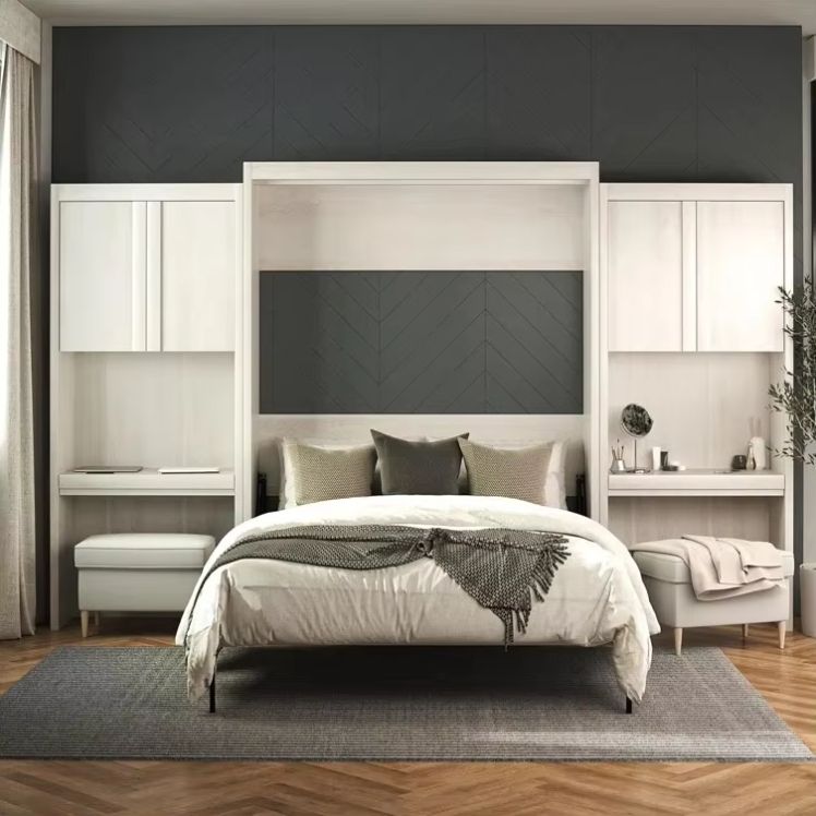 Modern Murphy Bed with 2 Vanity/Desk Storage Cabinets and Drawers Convenient Wall-Mounted Furniture Solution