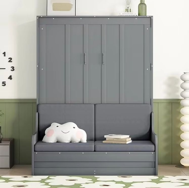 Twin Size Murphy Bed with Open Shelves Storage Drawers Built-In Wardrobe & Table