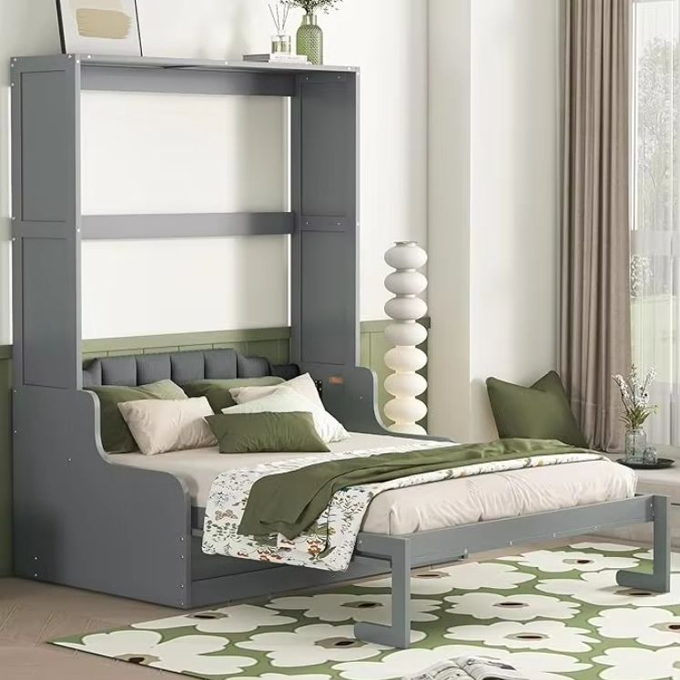 Twin Size Murphy Bed with Open Shelves Storage Drawers Built-In Wardrobe & Table