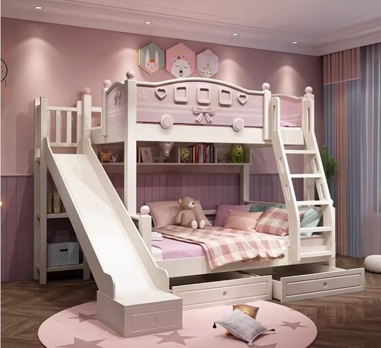 Bunk Bed Bed Modern Bedroom Furniture with Slide Funny Cheap Kids Blue M6 Pink OEM Wood Box Style Packing Color Design Material