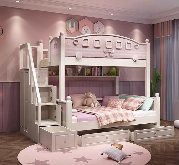 Bunk Bed Bed Modern Bedroom Furniture with Slide Funny Cheap Kids Blue M6 Pink OEM Wood Box Style Packing Color Design Material