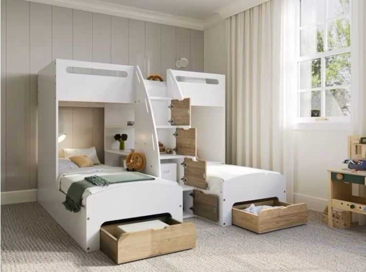 White/Oak Triple Bunk Bed Storage Wooden Beds Product Type
