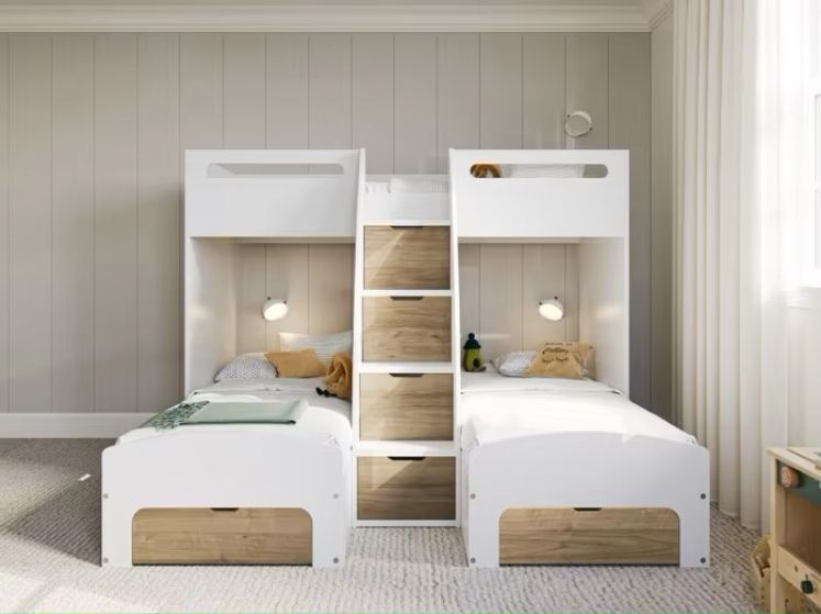 White/Oak Triple Bunk Bed Storage Wooden Beds Product Type
