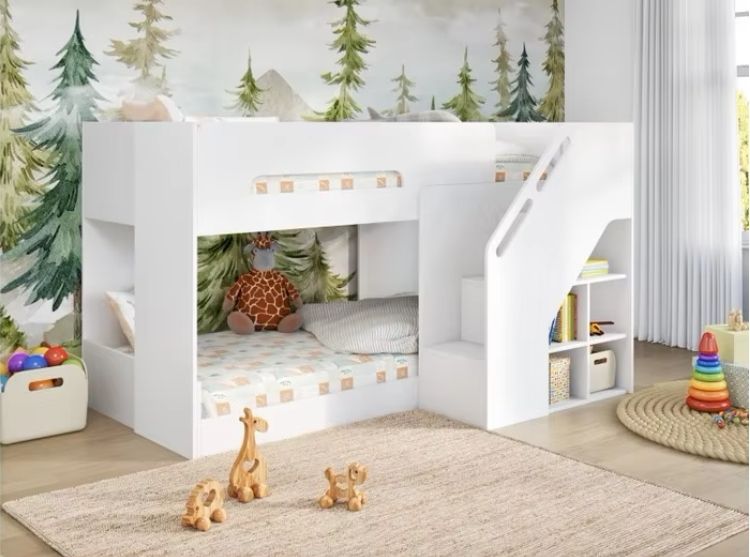 Modern Design Wood Style Bunk Bed with Staircase Panel Low Bunk Bed Made of Metal and Plywood/MDF for Home Furniture