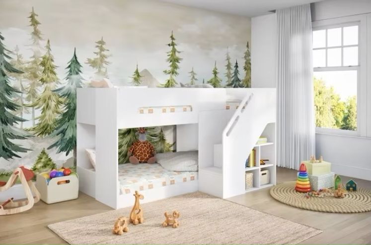 Modern Design Wood Style Bunk Bed with Staircase Panel Low Bunk Bed Made of Metal and Plywood/MDF for Home Furniture