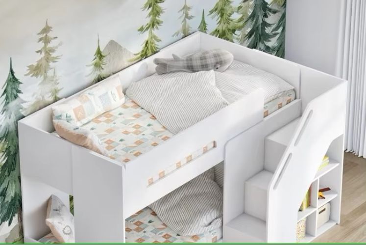 Modern Design Wood Style Bunk Bed with Staircase Panel Low Bunk Bed Made of Metal and Plywood/MDF for Home Furniture