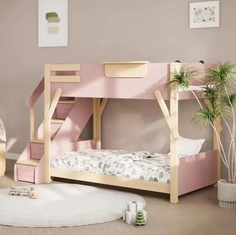 Modern Design King Single Bunk Bed with Staircase Solid Pine Wood Home Furniture with Storage Feature for Kids Bedroom