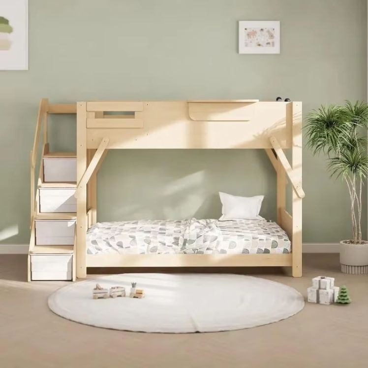 Solid Pine Wood King Single Bunk Bed with Staircase Kids Children's Home Furniture for Bedroom Use