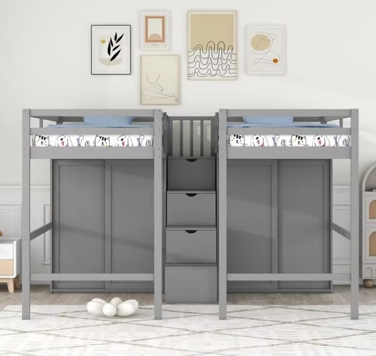 Modern Double Loft Bed with Solid Wood New Design Convertible Feature 2 Wardrobes & Storage Stairs for Home School Dormitory