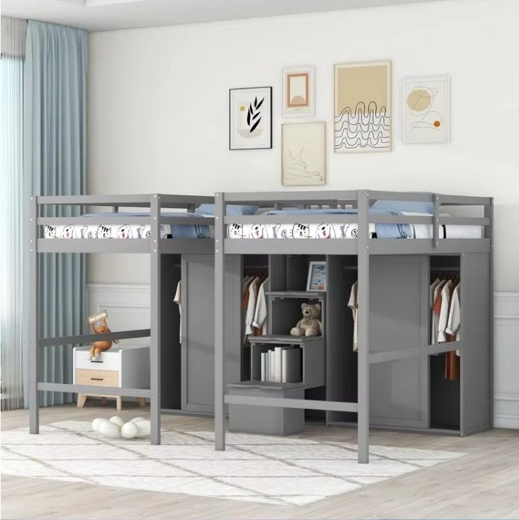 Modern Double Loft Bed with Solid Wood New Design Convertible Feature 2 Wardrobes & Storage Stairs for Home School Dormitory