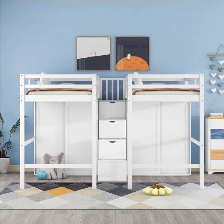 Modern Double Loft Bed with Solid Wood New Design Convertible Feature 2 Wardrobes & Storage Stairs for Home School Dormitory