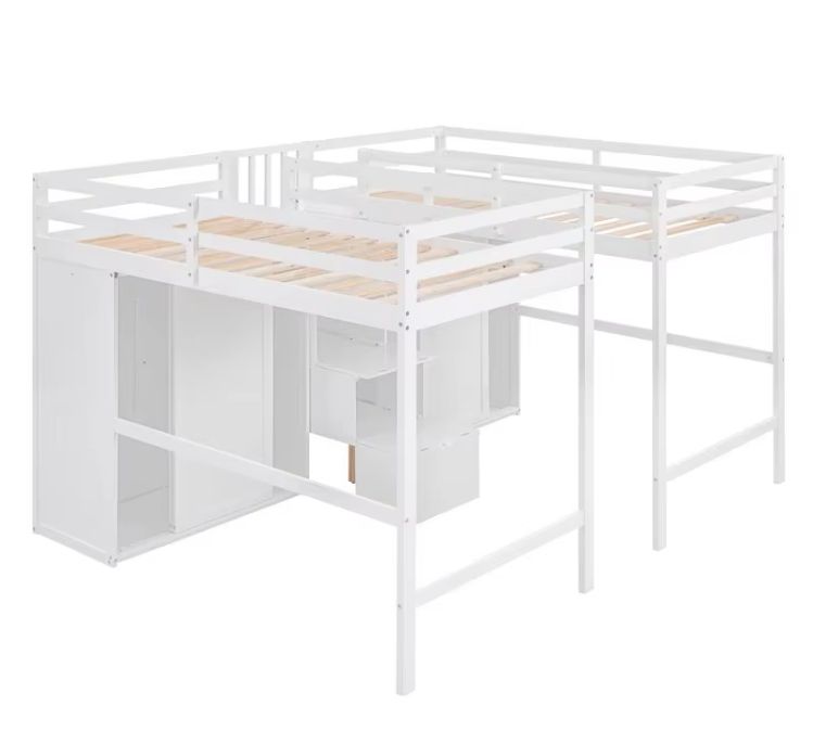 Double Loft Wooden Beds with 2 Wardrobes and Storage Stairs