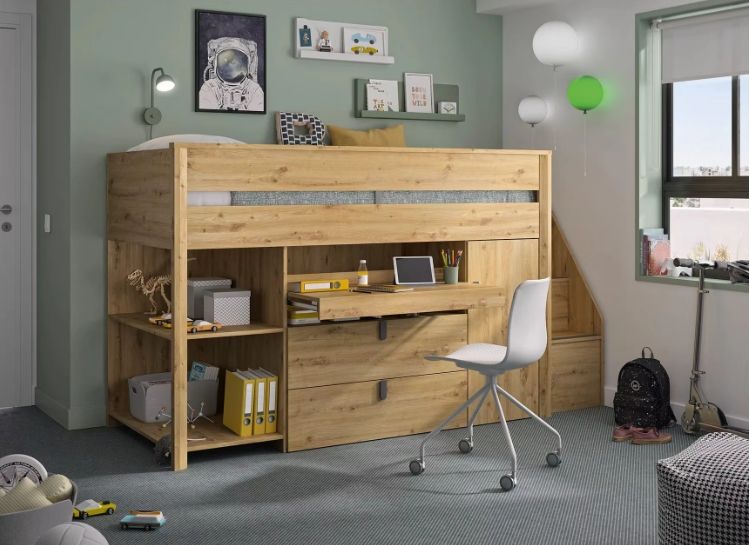 Solid Pine Wood Modern Design Double Size Home Furniture 90x200 High Bed with Desk and Storage Cabinet for Bedroom