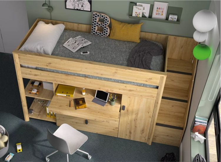 Solid Pine Wood Modern Design Double Size Home Furniture 90x200 High Bed with Desk and Storage Cabinet for Bedroom