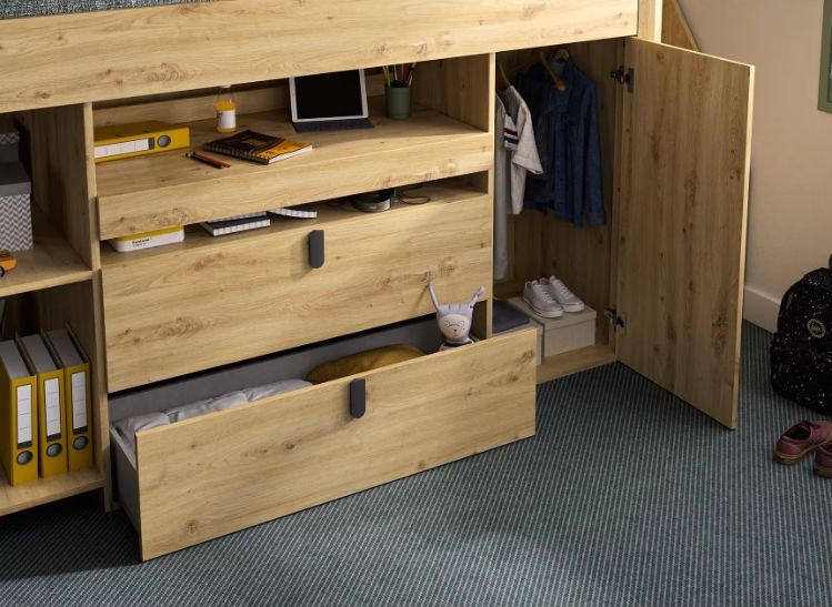 Solid Pine Wood Modern Design Double Size Home Furniture 90x200 High Bed with Desk and Storage Cabinet for Bedroom