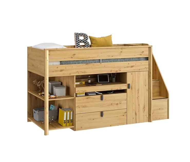Solid Pine Wood Modern Design Double Size Home Furniture 90x200 High Bed with Desk and Storage Cabinet for Bedroom