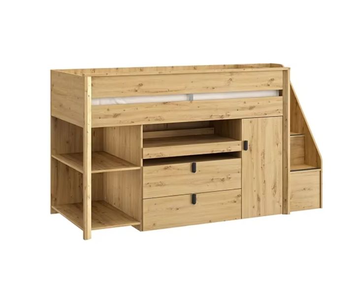 Solid Pine Wood Modern Design Double Size Home Furniture 90x200 High Bed with Desk and Storage Cabinet for Bedroom
