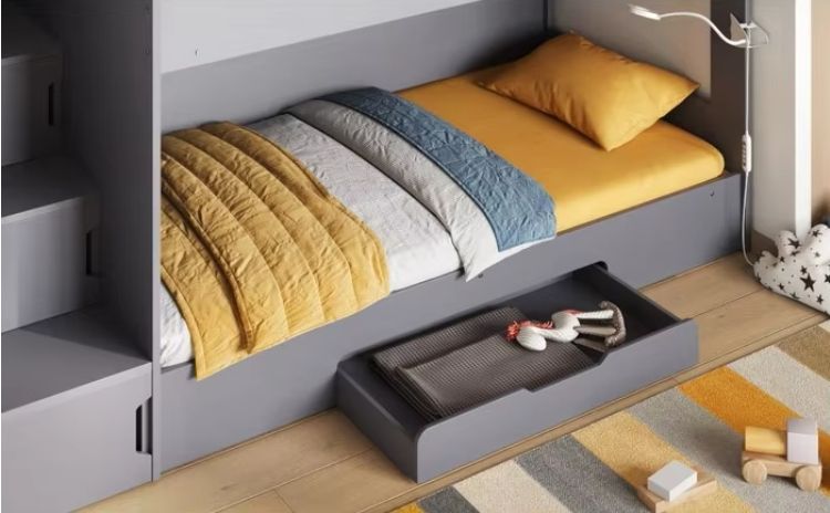 Modern Style Kids' Room Furniture Grey Wooden Slick Staircase Bunk Bed with Storage