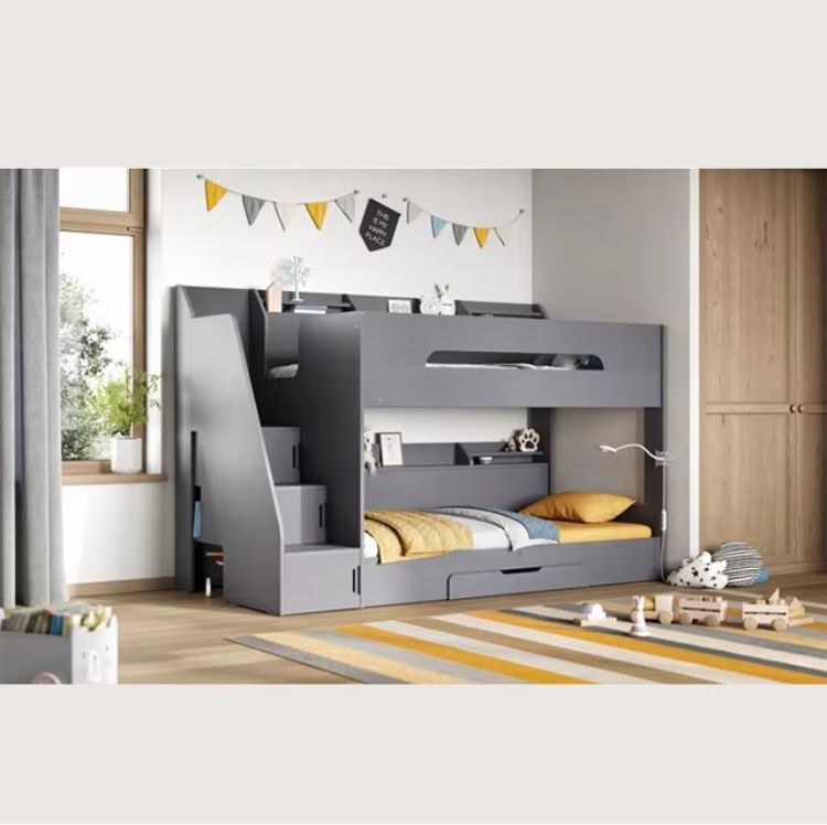 Modern Style Kids' Room Furniture Grey Wooden Slick Staircase Bunk Bed with Storage