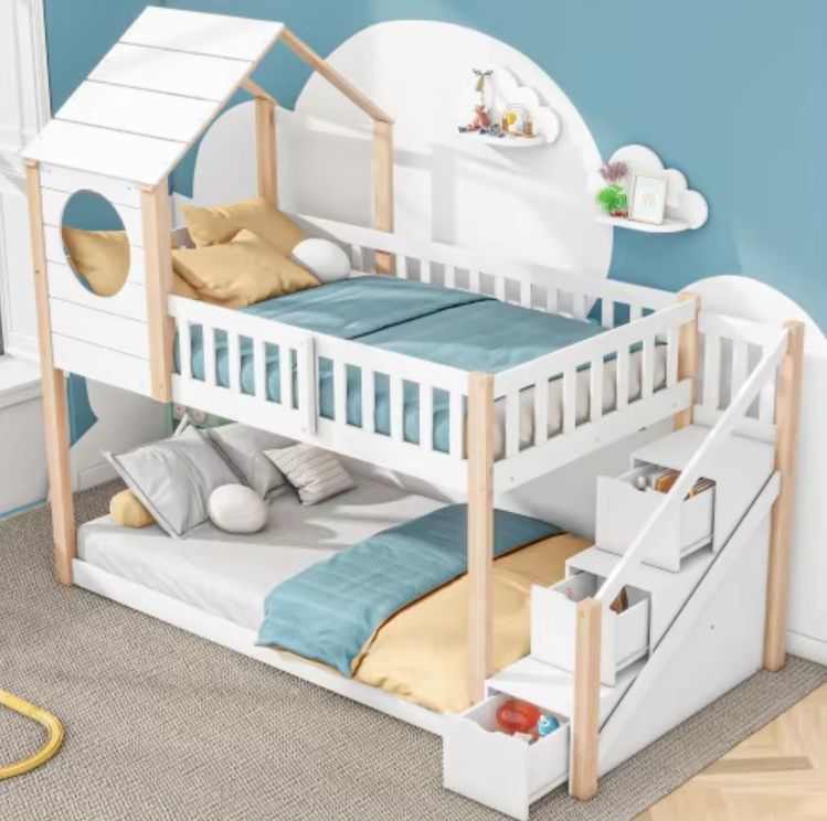 90*190 cm Extendable Wood House Panel bunk bed frame with ladder storage space cabin bed for home furniture or apartment use