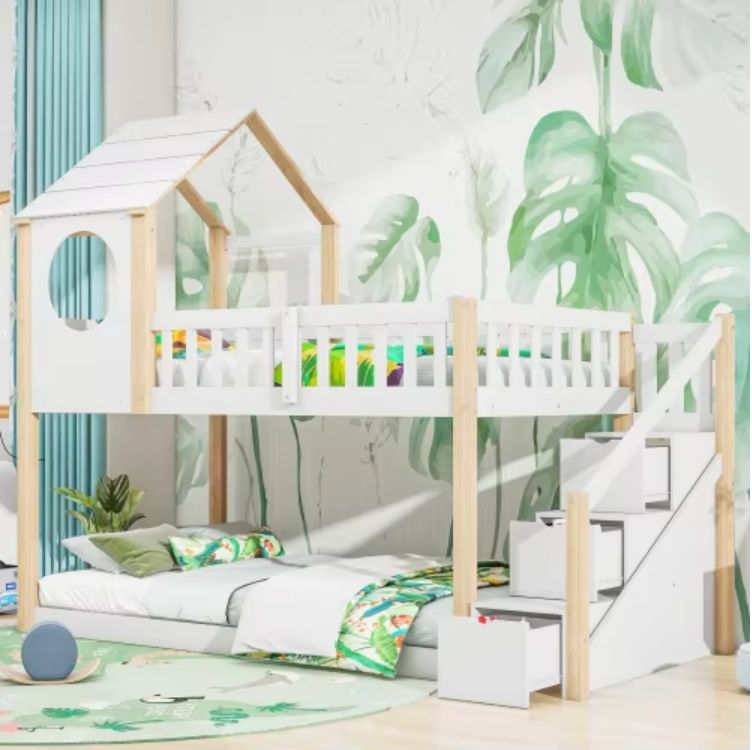 90*190 cm Extendable Wood House Panel bunk bed frame with ladder storage space cabin bed for home furniture or apartment use