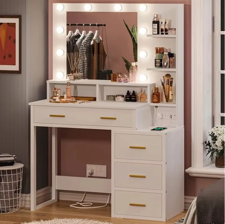 Large Wood Bedroom Furniture Revolving Vanity Dressing Makeup Table with Drawers Removable MDF Makeup Mirror Laundry
